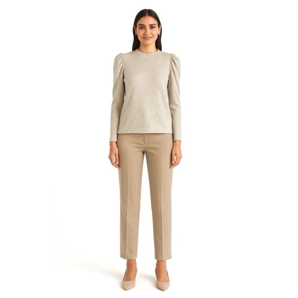 ZARA Pearl Embellished Puff Sleeve Mock Neck Sweater Light Beige M Chic 64-00